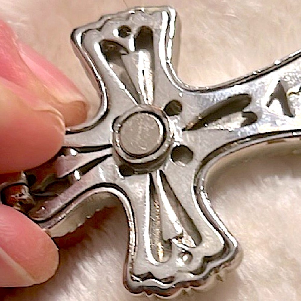 ✝️ GENUINE COWHIDE RHINESTONE STAINLESS STEEL CROSS CLIP SLIDE NECKLACE PENDANT - Picture 7 of 11